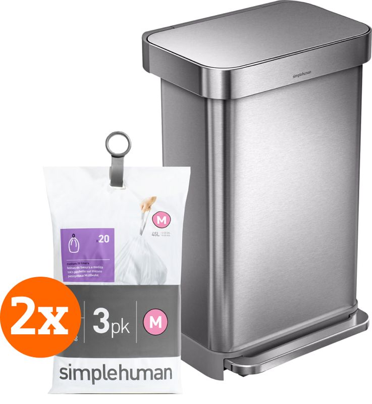 Foto van Simplehuman rectangular liner pocket 45 liter rvs + vuilniszakken (120 stuks)