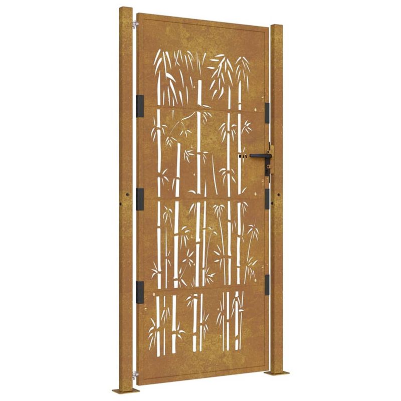 Foto van Infiori poort met bamboe-ontwerp 105x205 cm cortenstaal