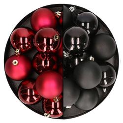 Foto van 24x stuks kunststof kerstballen mix van donkerrood en zwart 6 cm - kerstbal