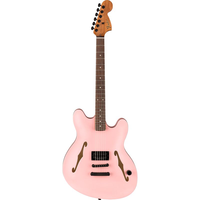 Foto van Fender tom delonge starcaster rw satin shell pink semi-akoestische gitaar