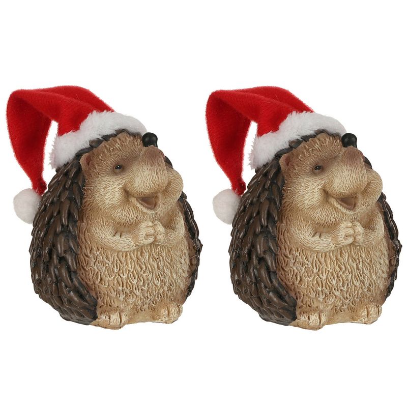 Foto van Set van 2x stuks egel met kerstmuts beeldjes/kerstbeeldjes 9 x 8 cm - kerstbeeldjes