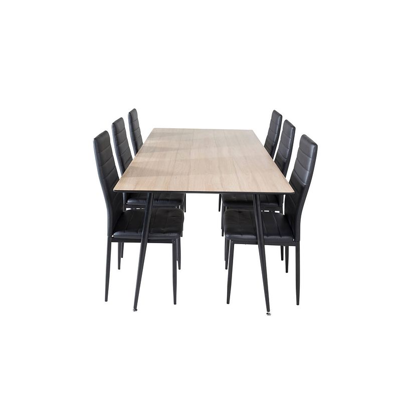 Foto van Silarwo180 eethoek eetkamertafel el hout decor en 6 slim high back eetkamerstal pu kunstleer zwart.