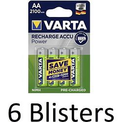 Foto van 24 stuks (6 blisters a 4 st) varta oplaadbare batterij recharge accu power aa 2100mah