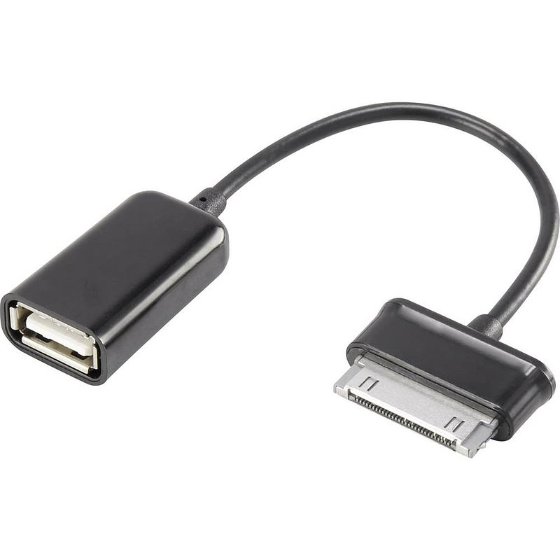 Foto van Renkforce usb-kabel usb 2.0 samsung stekker 30-pins, usb-a bus 10.00 cm zwart met otg-functie, vergulde steekcontacten rf-4080786