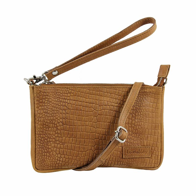 Foto van Landley leren dames kroko schoudertas - mini schoudertasje - compact - vintage hunter pull-up leer - bruin