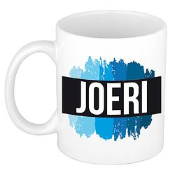 Foto van Naam cadeau mok / beker joeri met blauwe verfstrepen 300 ml - naam mokken