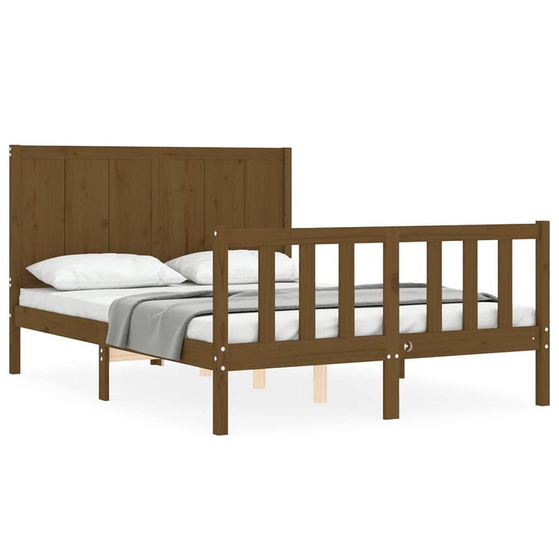 Foto van The living store massief grenenhouten bedframe - honingbruin - 195.5 x 125.5 x 100 cm - met multiplex lattenbodem