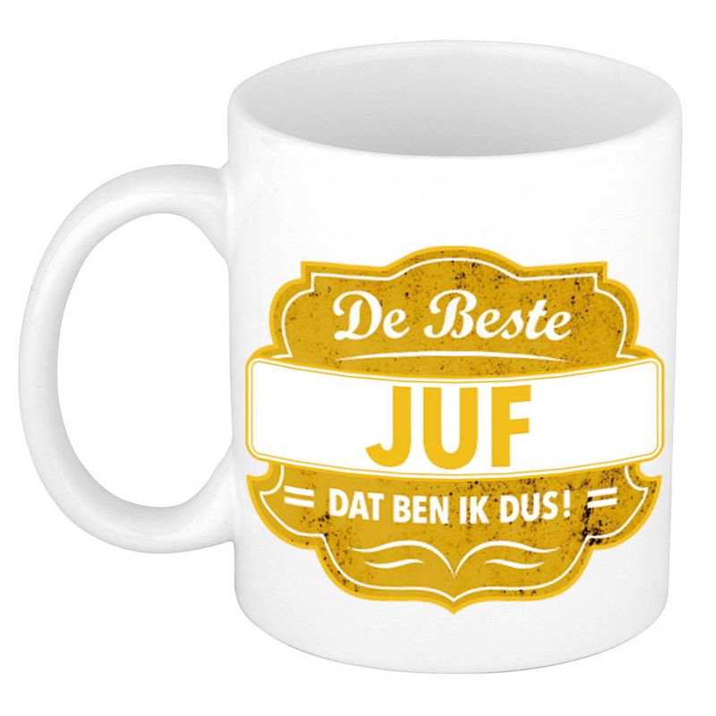 Foto van De beste juf cadeau koffiemok / theebeker geel embleem 300 ml - feest mokken