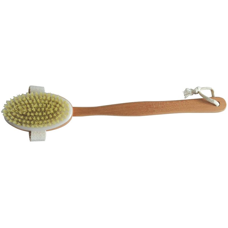 Foto van Msv bad/douche scrub borstel - hout - 42 cm - ophanglus - afneembare borstel - badkameraccessoireset