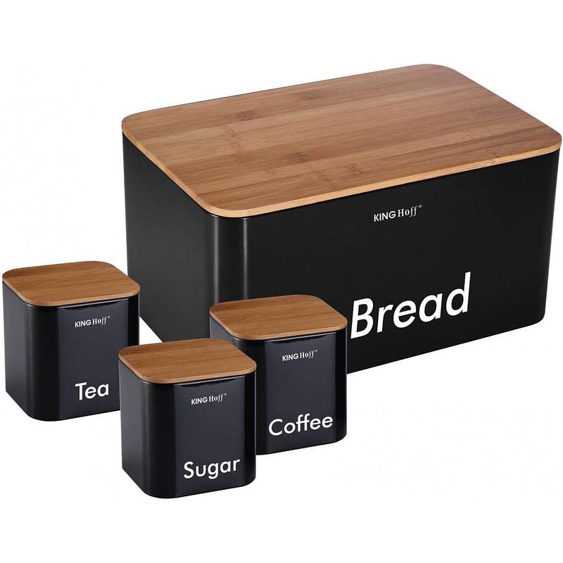 Foto van Top choice - broodtrommel set - zwart - rvs met hout - 35x21x25 cm