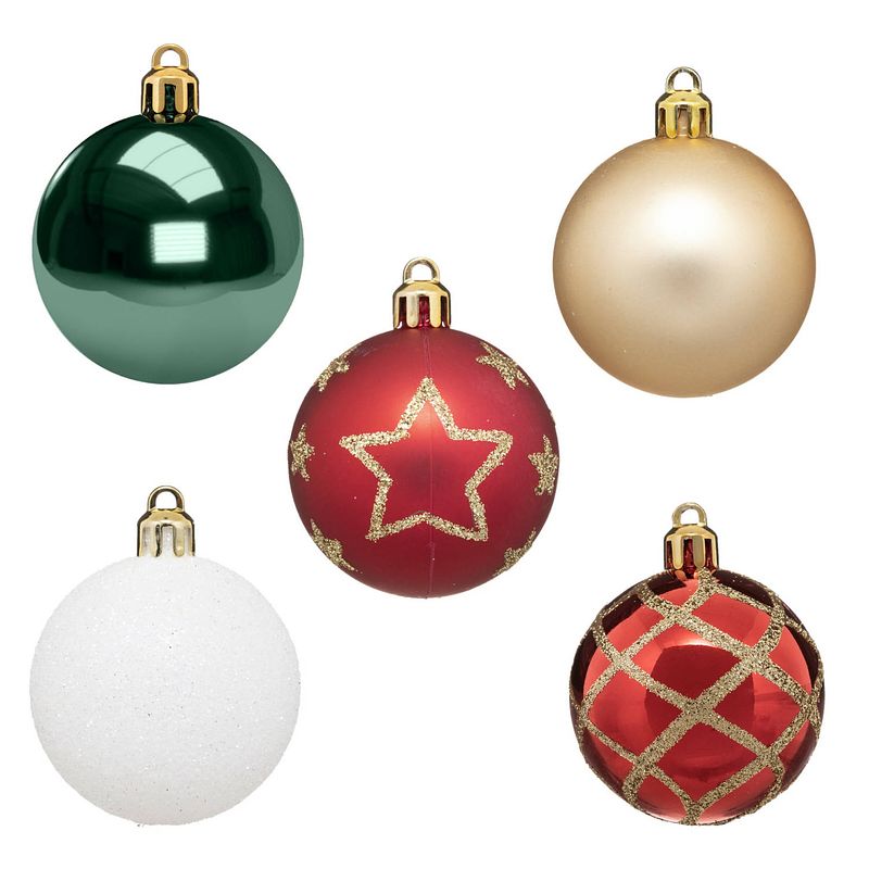 Foto van 15x stuks kerstballen mix wit/rood/groen/champagne gedecoreerd kunststof 5 cm - kerstbal