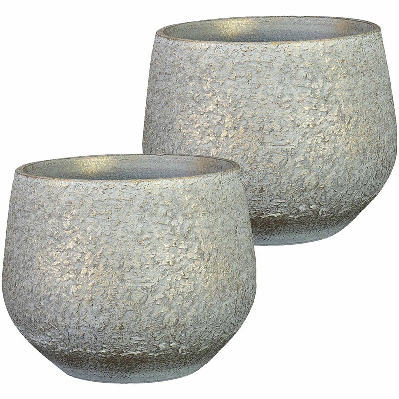 Foto van 2x stuks plantenpot/bloempot keramiek metallic zilvergrijs/gold finish - d16/h13 cm - plantenpotten