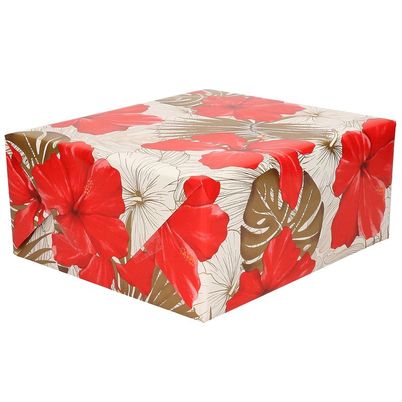 Foto van 3x rollen inpakpapier/cadeaupapier creme met bloemen rood en goud 200 x 70 cm - cadeaupapier