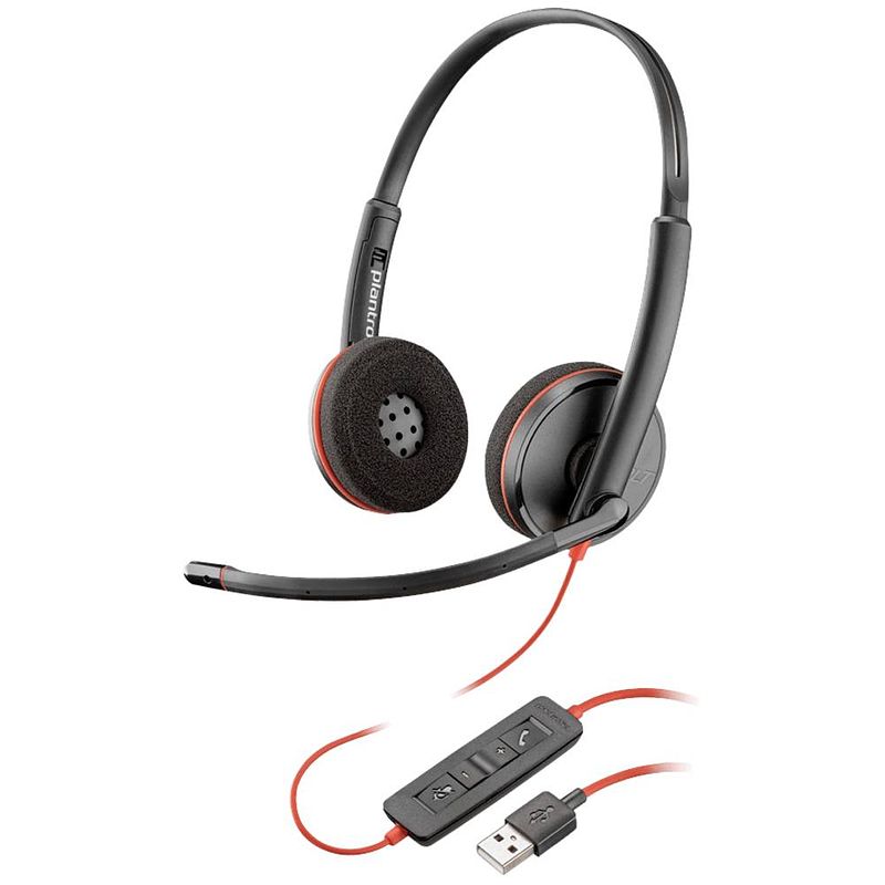 Foto van Poly blackwire c3220 on ear koptelefoon telefoon kabel stereo zwart/rood volumeregeling, microfoon uitschakelbaar (mute)
