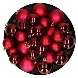 Foto van Kerstversiering kunststof kerstballen donkerrood 6-8-10 cm pakket van 22x stuks - kerstbal