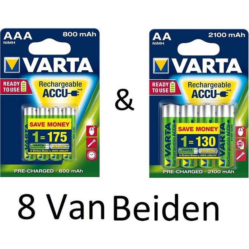 Foto van (8 van beiden) varta aa & aaa oplaadbare batterijen combi aanbieding 800 mah & 2100 mah