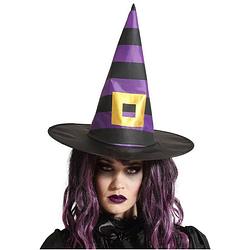 Foto van Halloween heksenhoed stripes  - one size - zwart/paars - meisjes/dames - verkleedhoofddeksels