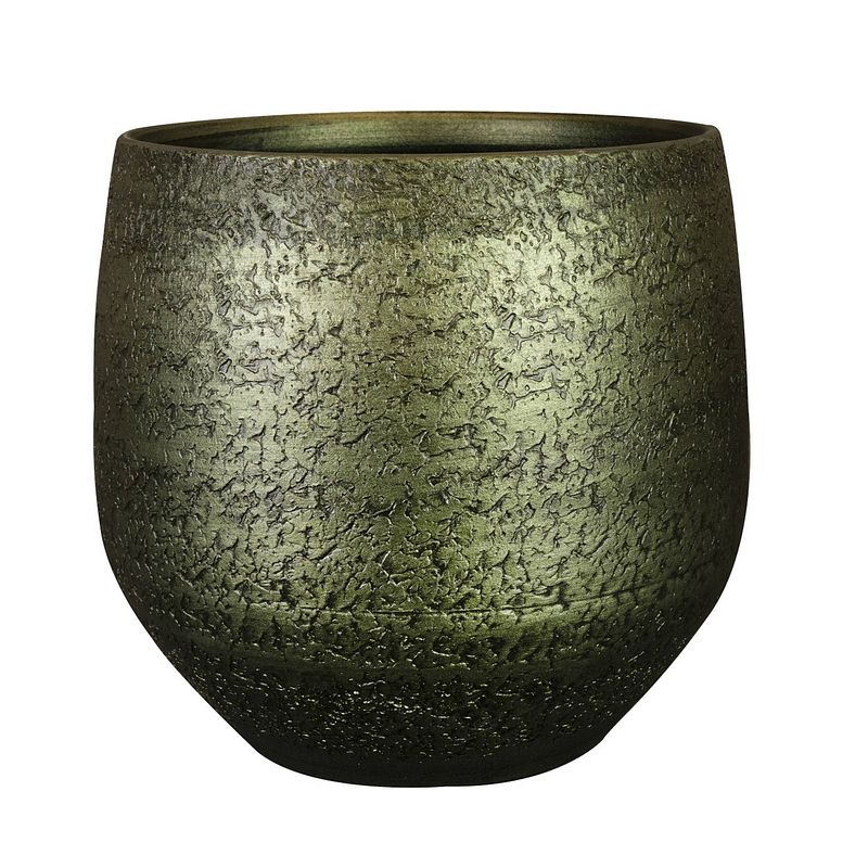 Foto van Plantenpot/bloempot keramiek metallic donkergroen/gold finish - d32/h30 cm - plantenpotten