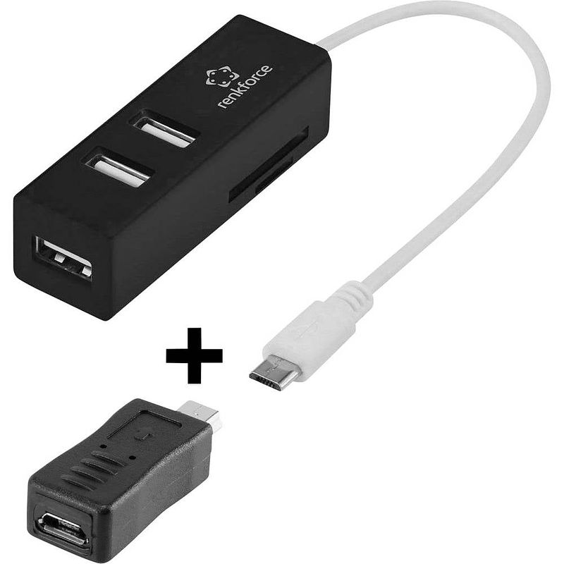 Foto van Renkforce renkforce 3 poorten usb 2.0-hub met ingebouwde sd-kaartlezer, met otg-functie zwart