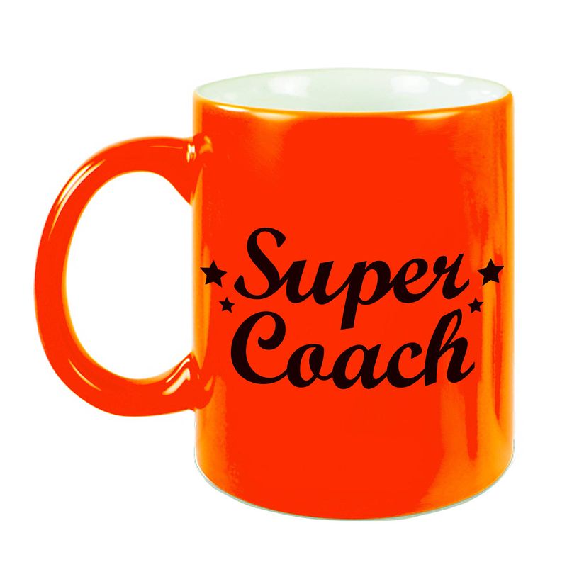 Foto van Super coach mok / beker neon oranje 330 ml - feest mokken