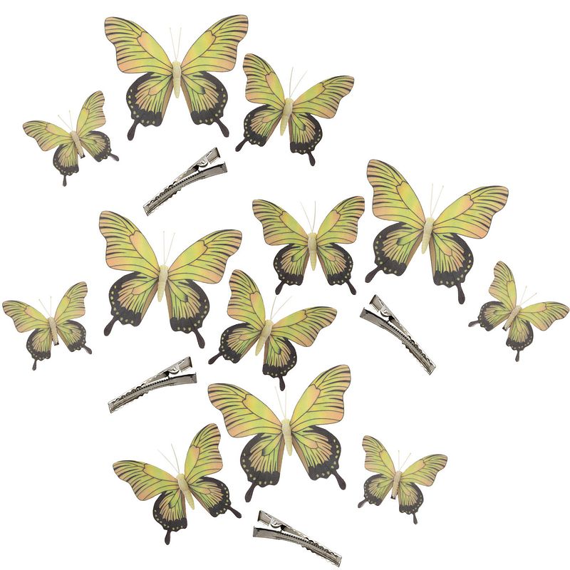 Foto van 12x stuks decoratie vlinders op clip - geel - 3 formaten - 12/16/20 cm - hobbydecoratieobject