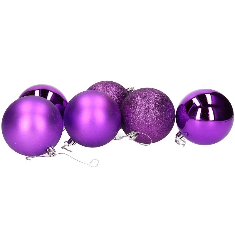 Foto van 6x stuks kerstballen paars mix van mat/glans/glitter kunststof 8 cm - kerstbal