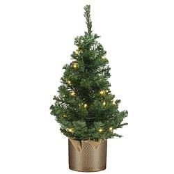 Foto van Kunstboom/kunst kerstboom groen 60 cm met verlichting en gouden pot - kunstkerstboom