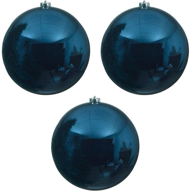 Foto van 3x grote raam/deur/kerstboom decoratie donkerblauwe kerstballen 20 cm glans - kerstbal