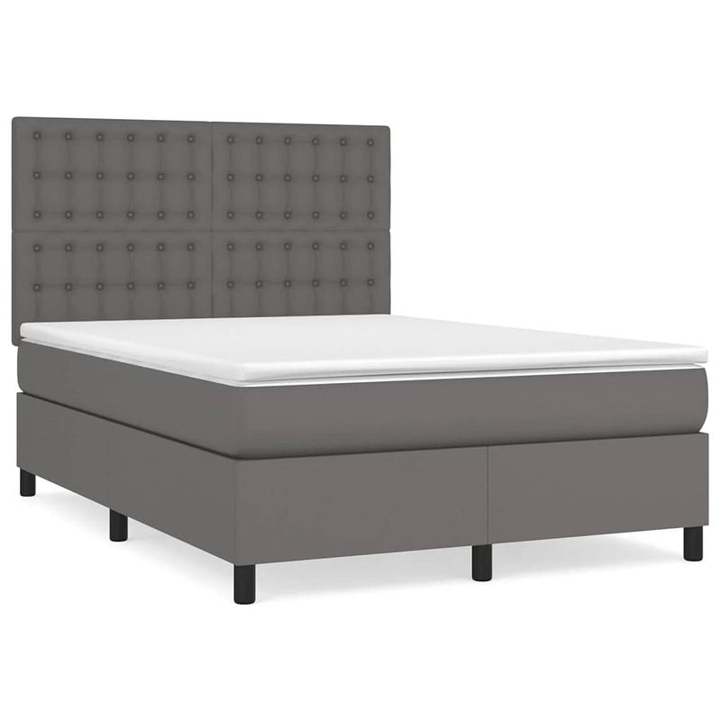 Foto van The living store boxspringbed - kunstleer - grijs - 203x144x118/128cm - verstelbaar hoofdbord - pocketvering matras -