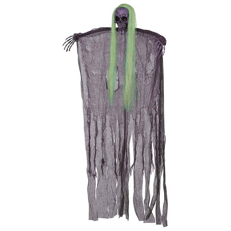 Foto van Halloween/horror thema hang decoratie skelet/heks - lichtgevend haar - griezel pop - 120 cm - feestdecoratievoorwerp