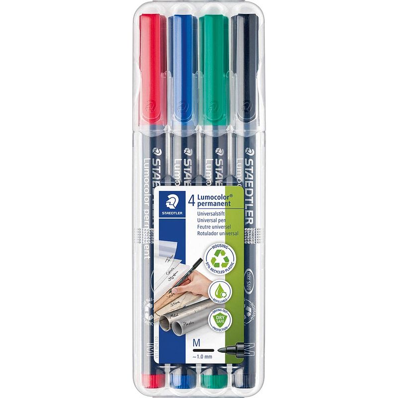 Foto van Staedtler lumocolor 317, ohp-marker, permanent, 1,0 mm, box van 4 stuks in geassorteerde kleuren 10 stuks