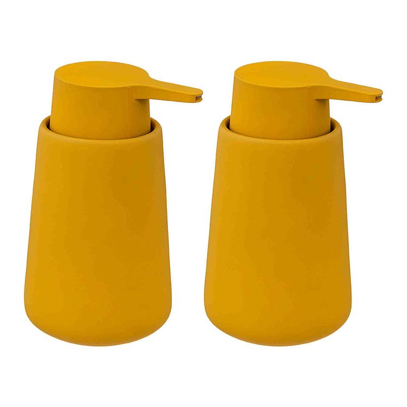 Foto van 2x stuks zeeppompjes/zeepdispensers van keramiek - mosterd geel - 250 ml - zeeppompjes