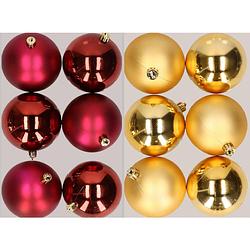 Foto van 12x stuks kunststof kerstballen mix van donkerrood en goud 8 cm - kerstbal