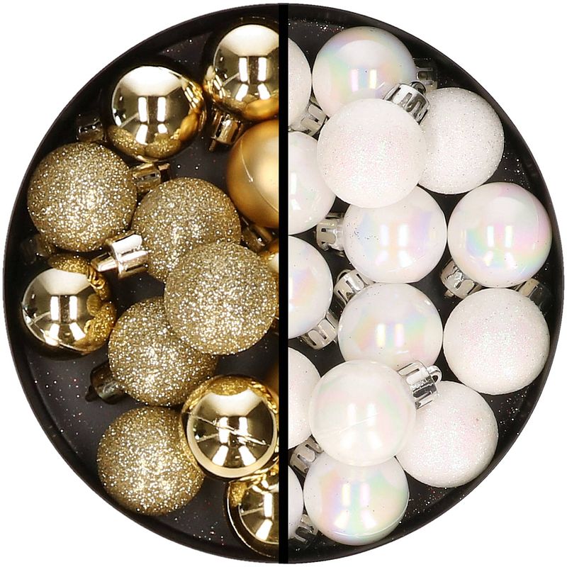 Foto van 34x stuks kunststof kerstballen goud en parelmoer wit 3 cm - kerstbal