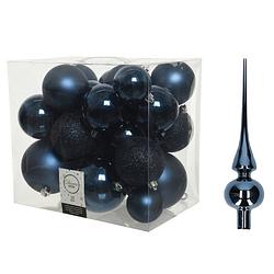 Foto van Kerstversiering kunststof kerstballen met piek donkerblauw 6-8-10 cm pakket van 27x stuks - kerstbal