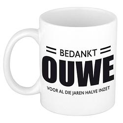 Foto van Bedankt ouwe voor de halve inzet pensioen mok / beker wit afscheidscadeau 300 ml - feest mokken