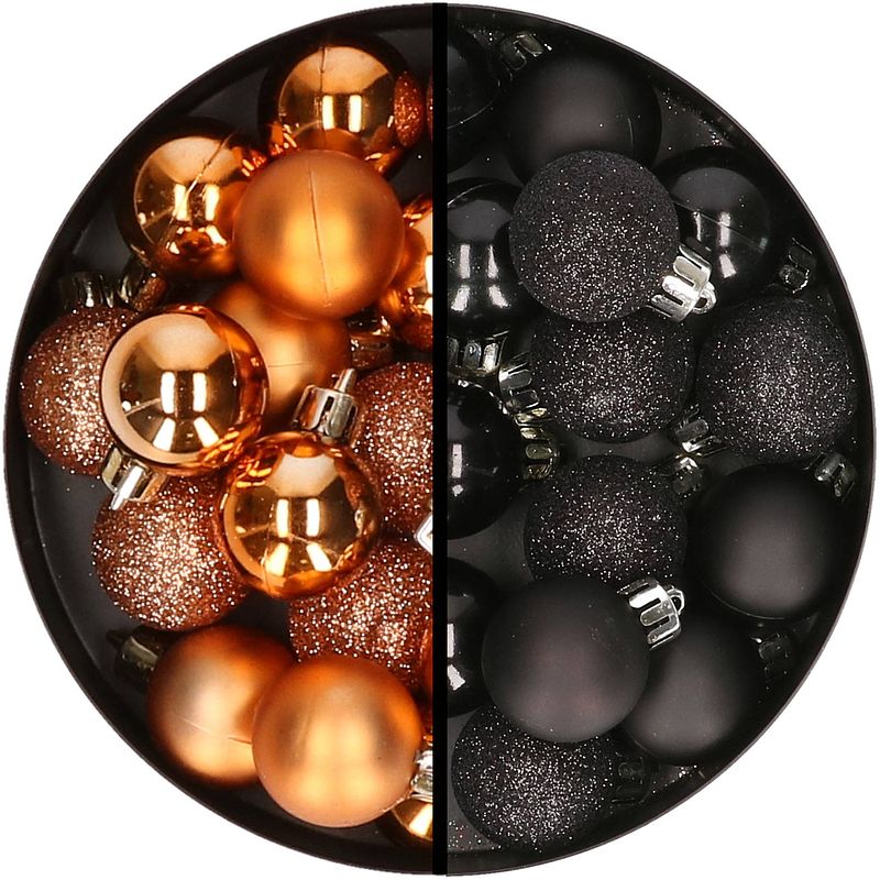 Foto van 34x stuks kunststof kerstballen koper en zwart 3 cm - kerstbal