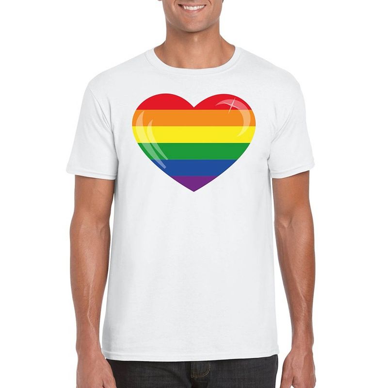 Foto van Gay pride t-shirt met regenboog vlag in hart wit heren 2xl