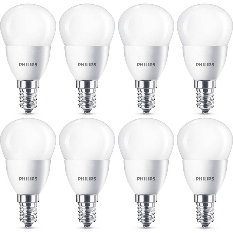 Foto van Philips voordeelverpakking led lampen e14 - mat - p45 kogel - 2700k - 5.5w - 8 kogellampen