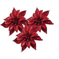 Foto van Cosy and trendy kerst bloem op clip - 3x- rood -8 cm - glitters - kersthangers