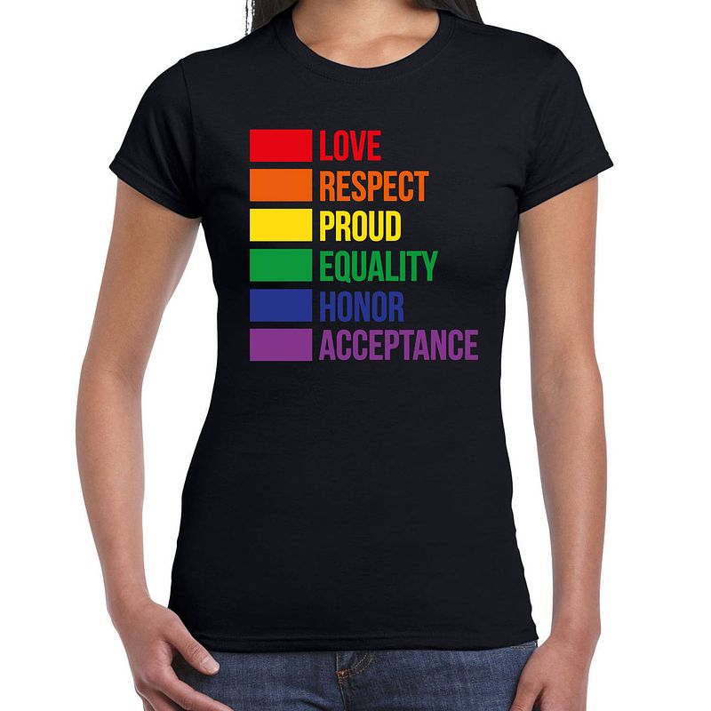 Foto van Bellatio decorations gay pride t-shirt - dames - zwart - regenboog vlag - lhbti xs - feestshirts