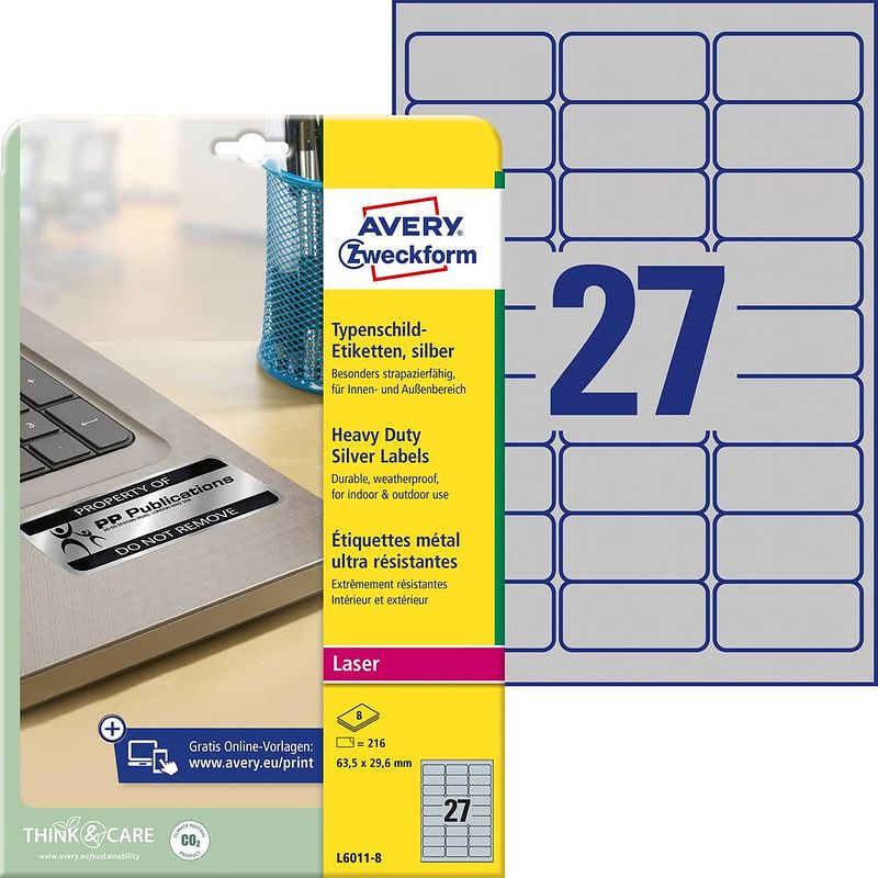 Foto van Avery-zweckform l6011-8 etiketten 63.5 x 29.6 mm polyester folie zilver 216 stuk(s) permanent etiketten voor typeplaatjes laser, kopie