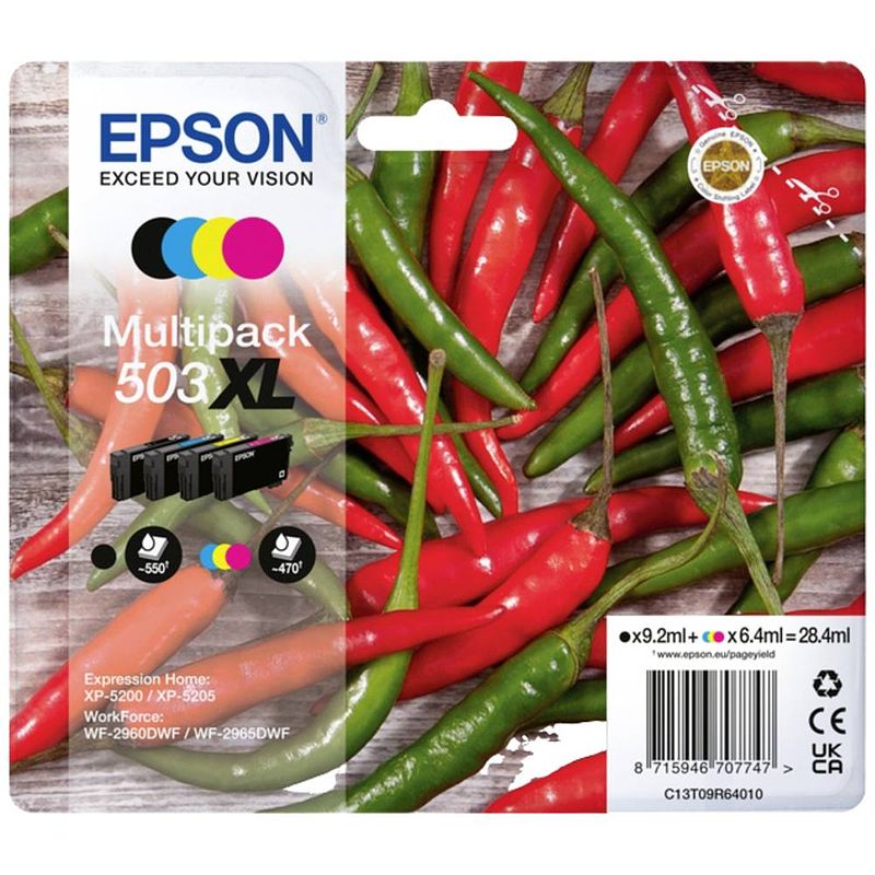 Foto van Epson inkt 503xl multi origineel combipack zwart, cyaan, magenta, geel c13t09r64010