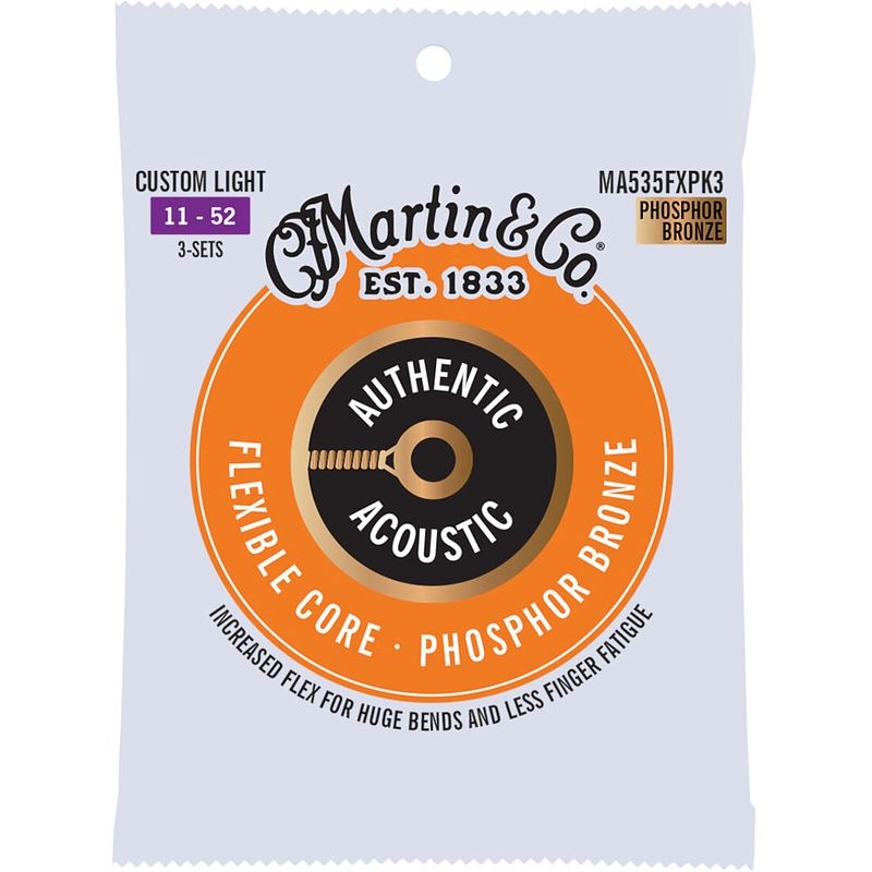 Foto van Martin strings ma535fxpk3 flexible core phosphor bronze 3-pack custom light 11-52 snarensets voor westerngitaar (3 sets)