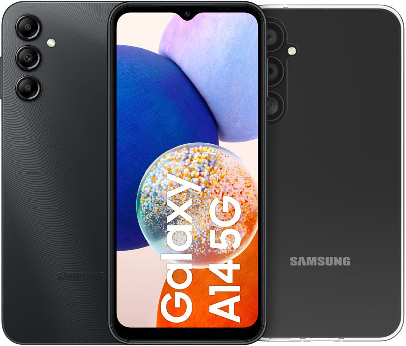 Foto van Samsung galaxy a14 64gb zwart 5g + bluebuilt back cover transparant