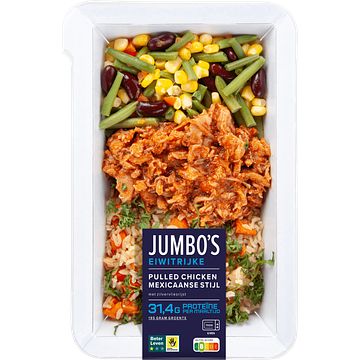 Foto van Jumbo'ss pulled chicken mexicaanse stijl protienerijk 475g aanbieding bij jumbo | 25% korting