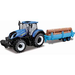 Foto van Bburago miniatuur new holland tractor en trailer blauw
