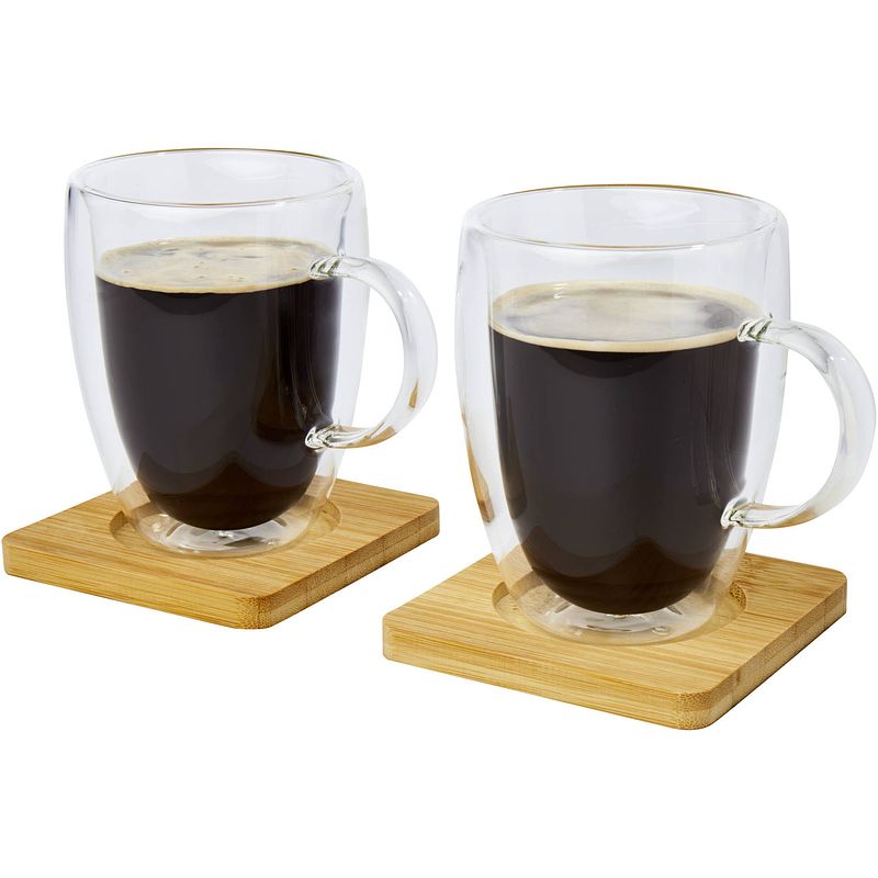 Foto van Seasons dubbelwandige koffieglazen 350 ml - set van 8x stuks - met bamboe onderzetters - koffie- en theeglazen