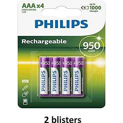 Foto van Philips aaa oplaadbare batterij - 950mah - 8 batterijen ( 2 blisters a 4 stuks )