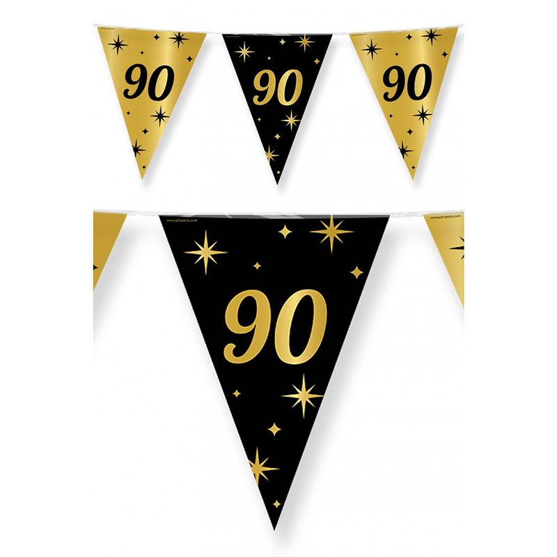 Foto van 3x stuks leeftijd verjaardag feest vlaggetjes 90 jaar geworden zwart/goud 10 meter - vlaggenlijnen